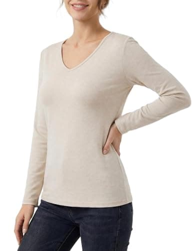 GAMISS Women's T Shirt Layering Shirt Underlayer V Neck Long Sleeve Solid Color Top Beige L - Image 1