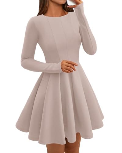 BTFBM Summer Dresses for Women 2026 Long Sleeve High Waist Pleated Flowy A Line Party Wedding Guest Dress Business Casual(Beige, X-Large) - Image 1