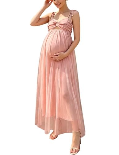 Yissang Maternity Spaghetti Strap Twist Front Tulle Maxi Dress Sleeveless Back Smocked Flowy Gown for Baby Shower Photoshoot Pink - Image 1