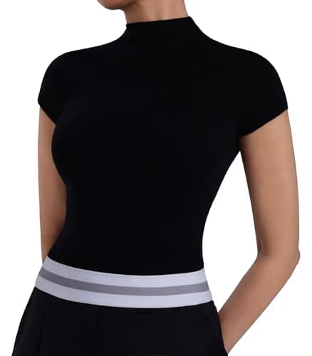 Sunzel Women's High Neck Short Sleeve Top Buttery Soft Stretch Breathable Fitted Sleek Going Out Tops Casual Summer Basic Tee Black X-Large - Image 1