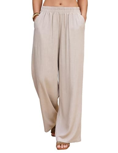 HEEKPEK Women Khaki Linen Pants Wide Leg Summer Flowy Elastic Waist Palazzo Beach Vacation Clothes Travel Trousers with Pockets (Khaki,XX-Large) - Image 1