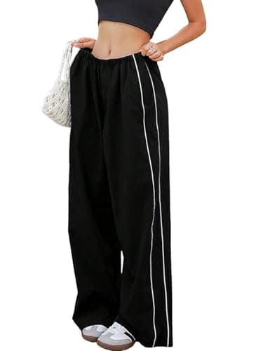 ZAFUL Womens Parachute Pants Y2K Wide Leg Cargo Sweatpants Drawstring Waist Jogger Pants with Pockets 3-Black M - Image 1
