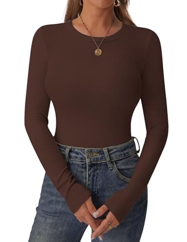 C.O.Z.Y Womens Long Sleeve Shirts Ribbed Crewneck Slim Fit Tops Casual Layering Basic Tee T-Shirt Trendy Outfits Brown - Image 1