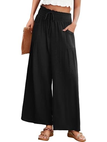 JUYUEO Women Linen Pants Wide Leg High Waisted Casual Summer Beach Palazzo Pants with Pockets Black S - Image 1