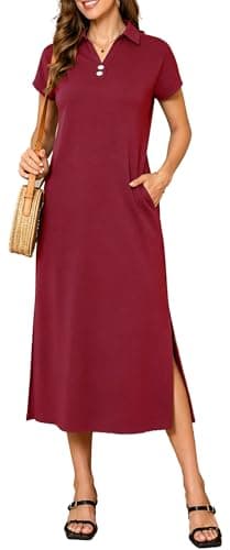 BEXIBOOM Women's V Neck Maxi Dress for Women, Cap Sleeve Collared Casual Long Dress with Pockets, Summer Beach Vacation Work Dress Burgundy-M