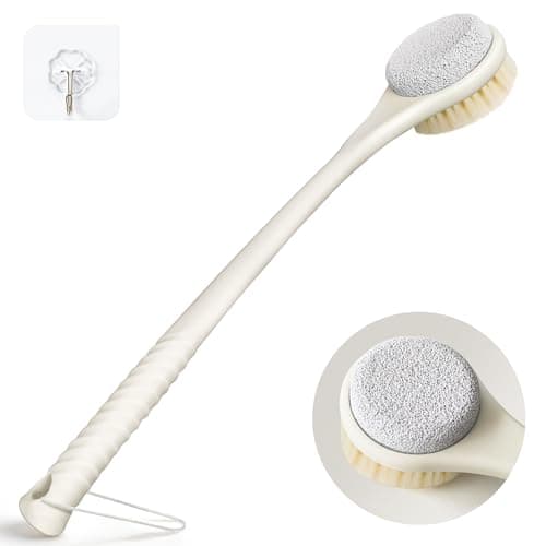 CYMPHW Back Scrubber for Shower, Long Handle Exfoliating Brush, Dual-Sided Bath Brush with Soft Bristles & Volcanic Pumice Stone, Anti-Slip Grip for Men & Women (Light Yellow) - Image 1