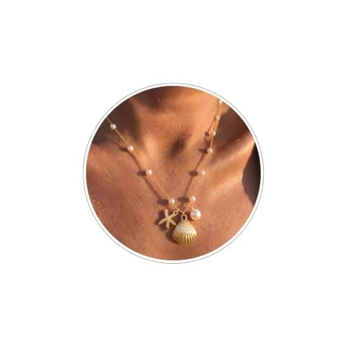 14K Gold Plated Starfish Shell Necklace for Women, Beach Pearl Pendant Coastal Necklace Boho Ocean Charm Summer Jewelry Waterproof Vacation Gifts - Image 1