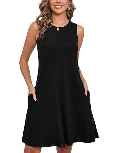 Heymoments Women Summer Dress Black Large Sleeveless Crew Neck Casual Cute Loose Fitting Tank Sundress Comfy Swing Midi Flowy A-line Trendy Beach Vacation Teacher Dresses with Pockets - Image 1