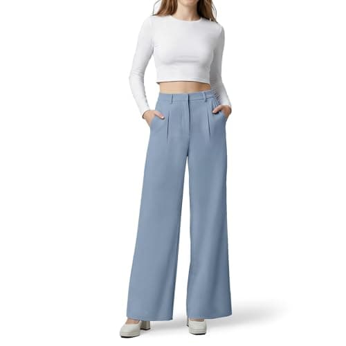 OctMoon Women’s Straight Leg Wide Leg Dress Pants – Stretchy High Waisted Work Pants for Women, Business Casual Slacks for Office & Daily Wear(Blue)-S - Image 1
