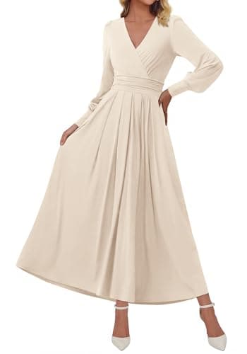 BTFBM Womens Long Sleeve Maxi Dress Fall 2025 Casual V Neck Knit A Line Flowy Pockets Elegant Party Wedding Guest Dresses(Beige, XX-Large) - Image 1