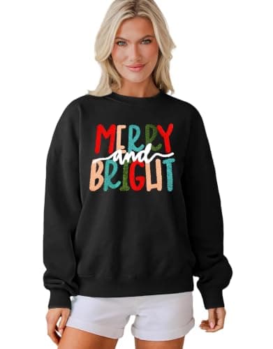 MAPICK Merry and Bright Sweatshirt for Women Christmas Fleece Linend Sweaters Crewneck Oversized Pullover Tops(Black,XX-Large) - Image 1