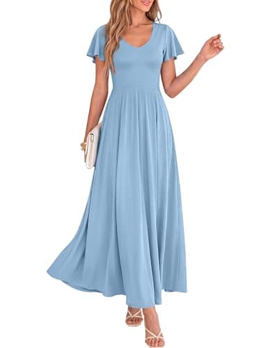 BTFBM Formal Dresses for Women Summer Outfits V Neck Ruffle Sleeve A Line Maxi Elegant Cocktail Wedding Guest Dress 2026(Light Blue, Small) - Image 1