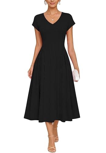 WNEEDU Women Summer Midi Dress Waffle Knit V Neck Cap Sleeve A-Line Casual Travel Outfits with Pockets(Black,2XL) - Image 1