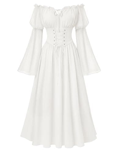 Scarlet Darkness Renaissance Costume Women Off Shoulder Corset Dress Long Sleeve Fairy Maxi Dresses White 2XL - Image 1