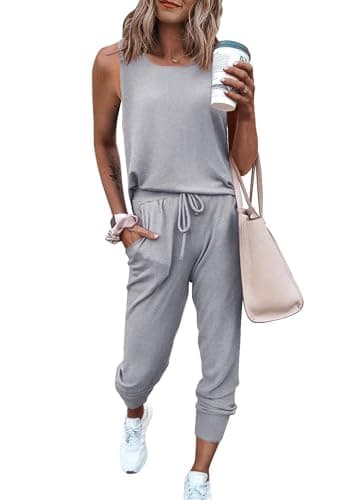 PRETTYGARDEN Women's Two Piece Outfit Sets Casual Summer Sleeveless Matching Lounge Wear Spring Travel Clothes Tracksuit (Light Grey,X-Large)