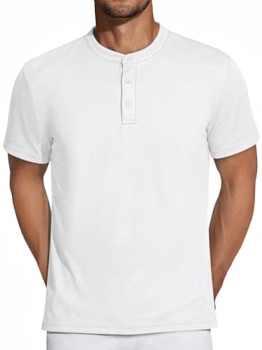 Crastimo Mens Henley Short Sleeve T-Shirt Texture High Elasticity Moisture Wicking Lightweight 3 Buttons Summer Classic Basic Tee Casual Men White L - Image 1
