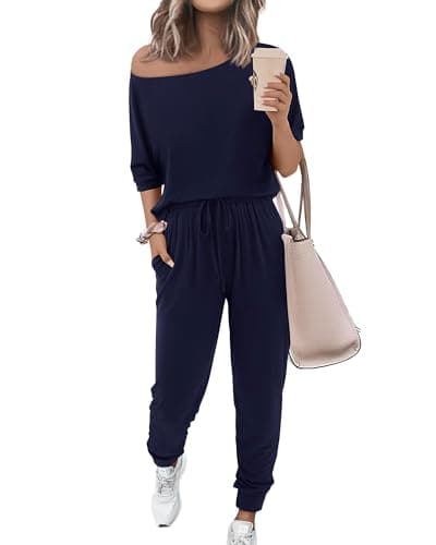 Zenlonr Women Summer 2 Piece Outfits 2026 Off Shoulder Short Sleeve Tops Elastic Waist Drawstring Long Pants Tracksuit(Navy,XX-Large) - Image 1
