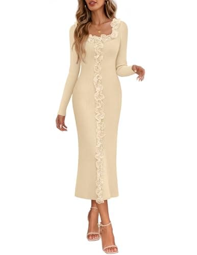 MEROKEETY Womens Spring Flower Bodycon Sweater Dress 2026 Fall Long Sleeve Square Neck Ruffle Ribbed Knit Midi Dresses, Apricot, Medium - Image 1