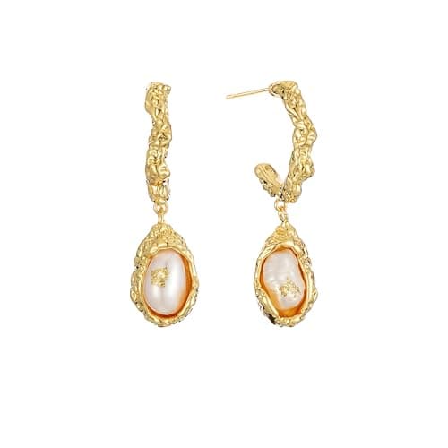 Sylph 14K Gold Pearl Dangle Earrings for Women Pearl Huggie Hoop Earrings for Women Trendy Statement Pearl Drop Earrings, Hypoallergenic Mother's Day Gift - Image 1