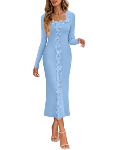 MEROKEETY Womens Spring Flower Bodycon Sweater Dress 2026 Fall Long Sleeve Square Neck Ruffle Ribbed Knit Midi Dresses, Blue, Large - Image 1