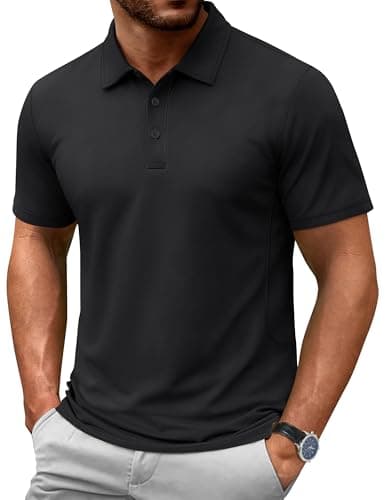 Cotrasen Polo Shirts for Men Cotton Pique Golf Shirt Short Sleeve 3 Buttons Classic Fit Basic Casual T-Shirts Black L - Image 1