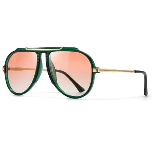 SUNGAIT Oversized Aviator Sunglasses for Women Men Stylish Tangle Free Pilot Shades with Retro Gold Metal Accents & Muti-color UV400 Lens (Green Frame/Pink Gradient Lens) - Image 1