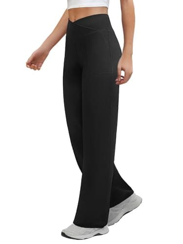COPYLEAF Wide Leg Pants Woman Crossover Yoga Pants with Pockets Loose Stretchy Work Dress Pants Casual Lounge Sweatpants(Black M) - Image 1