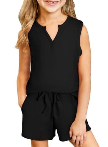 blibean Tween Girls Summer Clothes Sets Little Kids Sleeveless Outfits Teen Trendy Waffle Two Piece Lounge Clothing Easter Dress Shirt Tops Shorts Athletic Rompers Size 6-7 Years Old Black - Image 1
