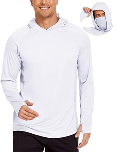 Men's UPF 50 Sun Protection Hoodie with Mask Long Sleeve Thumbholes Neck Gaiter Athletic Hoodies UV Rash Guard Fishing Shirts White - Image 1