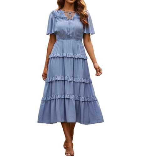 Women's Short Sleeve V Neck Sky Blue Rayon Viscose Tiered Ruffle Flowy Midi Cottagecore Casual Dress Ladies Summer Vintage Inspired Prairie Boho Chic Vocation Beach Picnic Empire Waist Dresses - Image 1