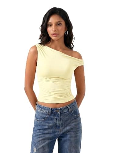 FLYSHEWIN Black Off The Shoulder Tops for Women Women's Double Layered Sleeveless Y2K Date Outfits Crop Tank Shirt Blouses Shirts(Yellow,S)