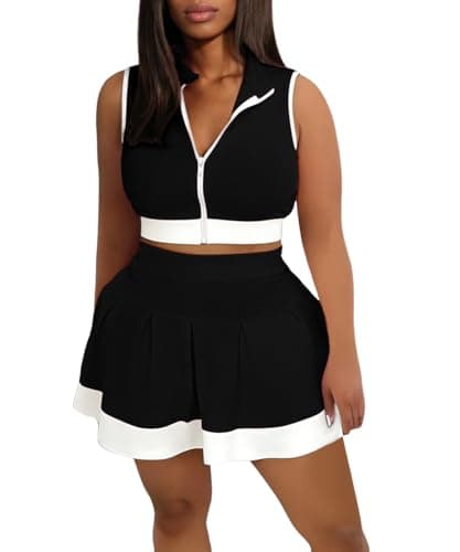 ABKY Tennis Outfits Golf Skirt Sets Women 2 Piece Outfit Zipper V Neck Crop Top and Pleated Mini Skirt Set Summer Tracksuits Black S - Image 1