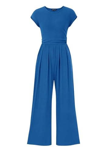 PRETTYGARDEN Summer Jumpsuits for Women Dressy 2026 Ribbed Cap Sleeve Wide Leg Pants Rompers Elegant Casual One Piece Outfits (Blue,XX-Large) - Image 1