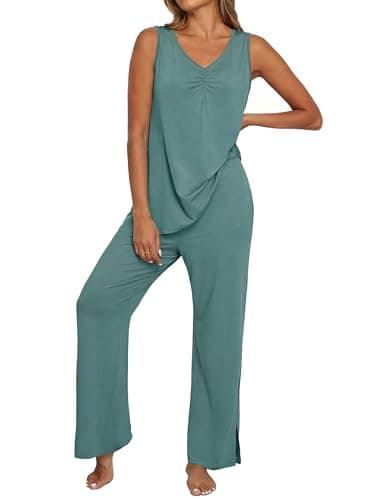 PrinStory Womens Pajama Sets Soft Knit Pjs 2 Piece Sleeveless Pajama Set Summer Lightweight Pj with Pockets Haze Blue-2XL - Image 1