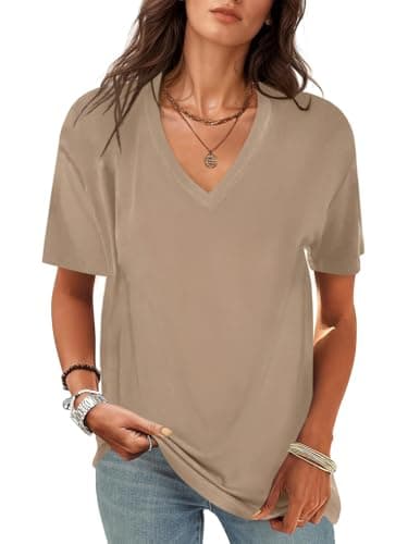 UNCLECAT Women's V-Neck T Shirts Sexy Short Sleeve Tops Summer Oversized Tees Khaki - Image 1