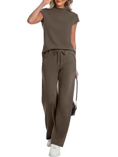 Casly Lamiit Two Piece Lounge for Women Summer Mock Neck Short Sleeve Tops Lounge Set Travel Airport Vacation Outfits Resort Wear Coffee XS - Image 1
