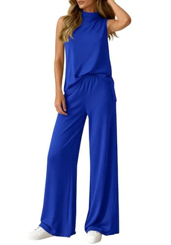 BTFBM 2 Piece Outfits For Women Airport Travel Summer 2026 Loose Mock Neck Sleeveless Wide Leg Pants Workout Lounge Sets(Royal Blue, X-Large) - Image 1