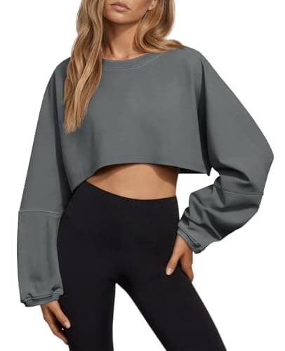Tankaneo Womens Long Ballon Sleeve Sweatshirts Tops Cropped Crew Neck Loose Fit Casual Workout Shirts Dark Grey - Image 1
