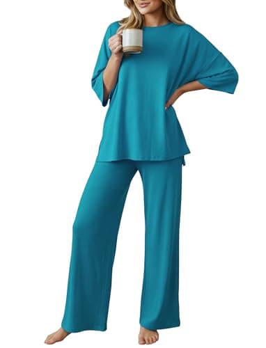 PATPAT Lounge Sets for Women Short Sleeve Pajama Set Soft Comfy Elastic Pjs 2 Piece Loungewear Outfits with Pockets Turquoise, M - Image 1