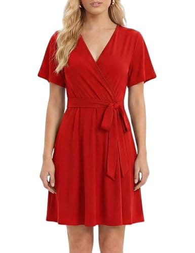Aphratti Women's Summer Faux Wrap Dress V Neck Short Sleeve High Waist Fit and Flare Casual Swing A Line Sundress Red Large - Image 1
