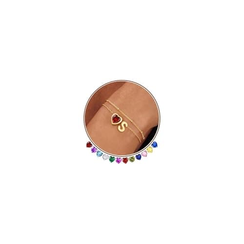 Esrial Heart Initial Birthstone Bracelets for Women- Dainty 14K Gold Plated Heart Letter A-Z Charm Layered Bracelet Trendy Jewelry Gifts, Birthday Gifts for Women(January,Initial S) - Image 1