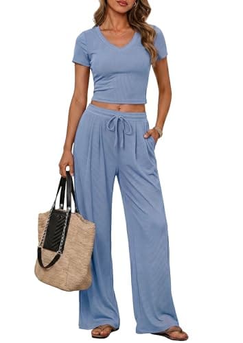 PRETTYGARDEN 2 Piece Sets for Women Summer 2026 Spring Lounge Set Matching V Neck Tops Wide Legs Pants Airport Travel Outfits (Blue Grey,XX-Large) - Image 1