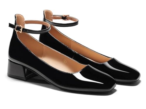 Coutgo Womens Chunky Low Heels Closed Square Toe Ankle Strap Pumps Wedding Prom Dress Shoes, Black, Size 11 - Image 1