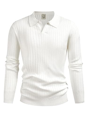 Hardaddy Men's Ribbed Knit Sweater Long Sleeve Polo Sweater Collared V Neck Polo Shirts Casual Solid Pullover Tops White XXL - Image 1