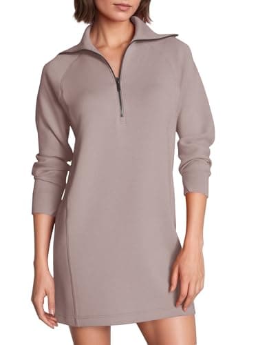 COCOMARTS Womens Long Sleeve Sweatshirt Dress Crewneck Quarter Zip Mini Dresses with Pocket 2025 Fall Winter Fashion Clothes Light Coffee Medium - Image 1