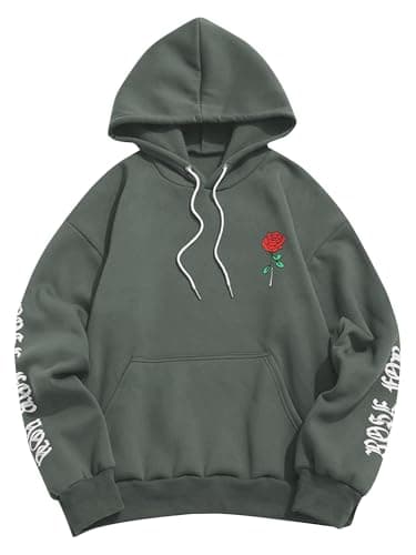 ZAFUL Men's Fleece Hoodie Unisex Rose Letter Print Hooded Pullover Kangaroo Pocket Sweatshirt Grey L - Image 1