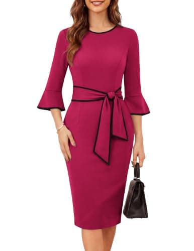 GRACE KARIN Work Dresses for Women 3/4 Sleeve Bodycon Pencil Business Outfits Color Block Office Church Clothes Rose M - Image 1