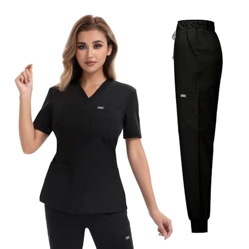YEZEX Scrubs for Women Set, Medical Scrubs Top & Pants, Jogger Scrub Set w/ 10 Pocket, Slim Fit(Black) - Image 1