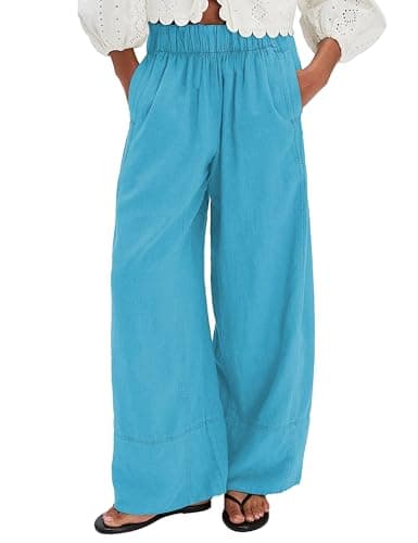 Jianzhixiao Women's Linen Wide Leg Pants Elastic Waist Summer Boho Palazzo Pants Beach Vacation Casual Trousers with Pockets(Lightblue-S) - Image 1