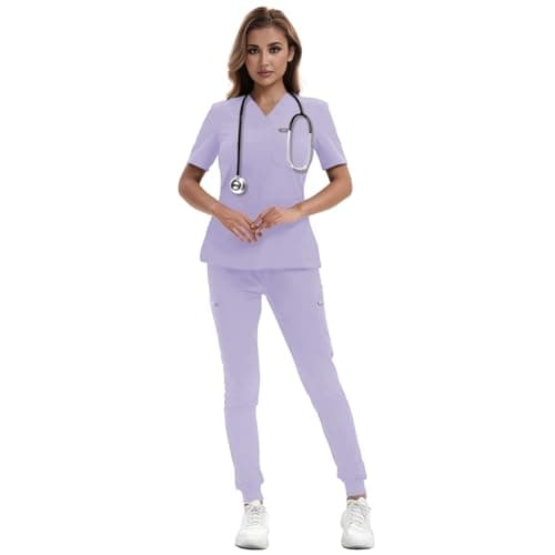YEZEX Scrubs for Women Set, Medical Scrubs Top & Pants, Jogger Scrub Set w/ 10 Pocket, Slim Fit(Light Purple) - Image 1